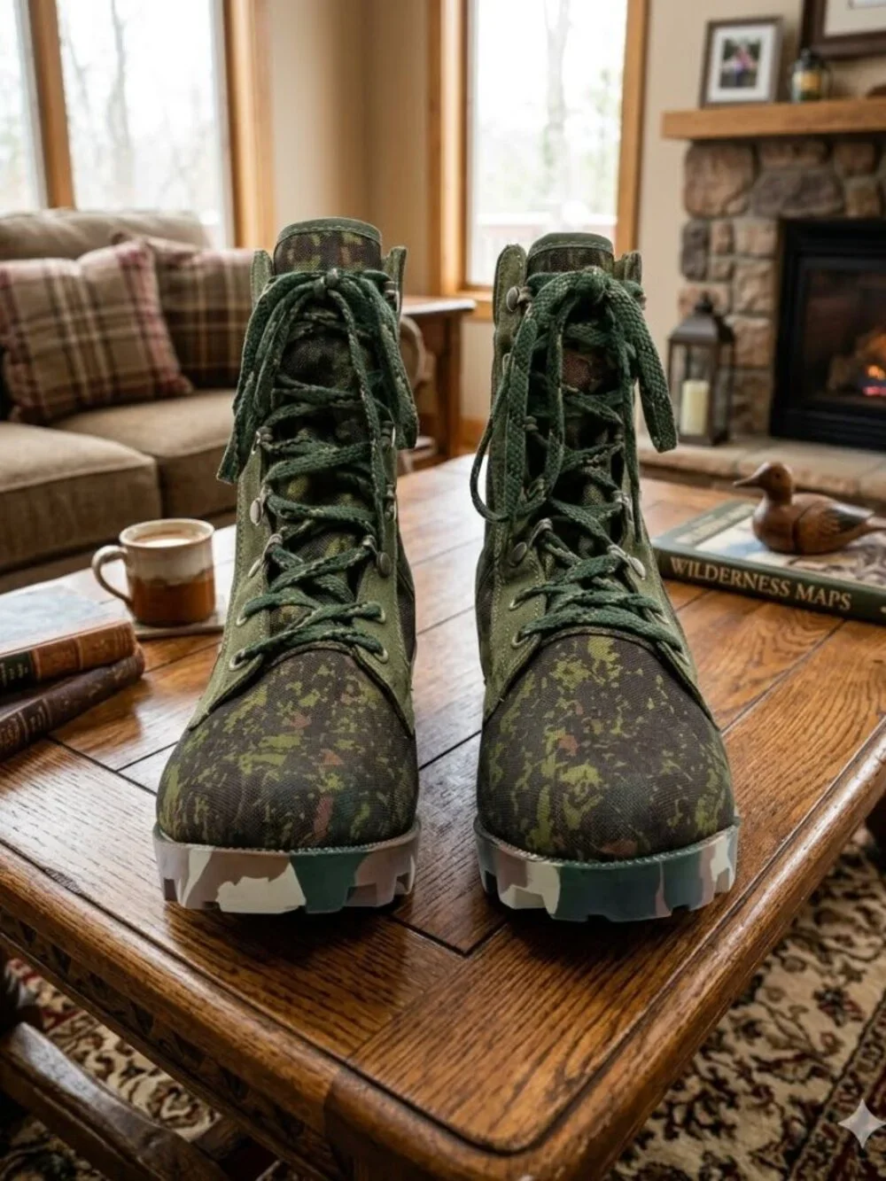 Military Tactical Boots for Work, Green Camo Lace-Up for Men